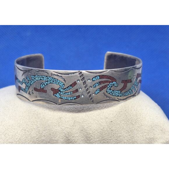 Sterling Silver Bangle Bracelet with Turquoise/Coral Chips- Kokopelli- Navajo - Picture 1 of 6